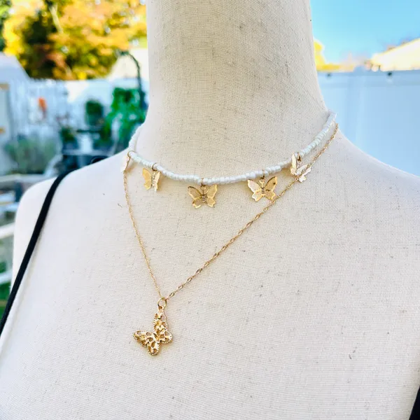White Beads Gold Tone Butterflies Layered Necklace - Image 4