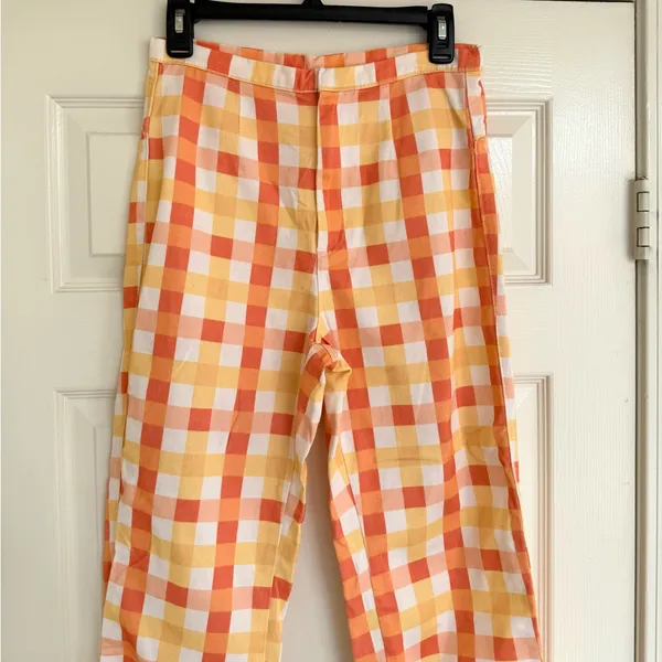 Free People She's All That Printed Checker Pants Orange‎ Yellow White 4 High Rise - Image 6