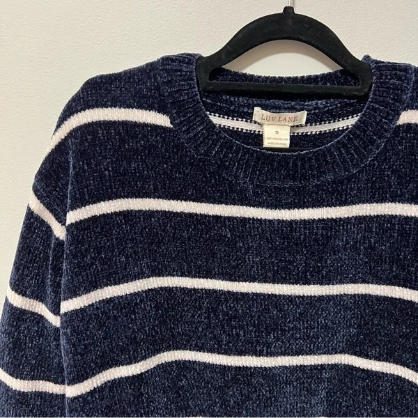 Luv Lane Striped Chenille Knit Sweater Dark Blue White Crewneck S - Image 4