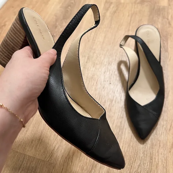 Cole Haan | Black Leather Slingback‎ Block Heel Pointed Toe Pumps Shoe, Size 9.5 - Image 3