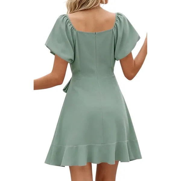 Mint Green Puff Sleeve Ruffle Mini Dress Square Neck Wrap Tie Side‎ Split Large - Image 2