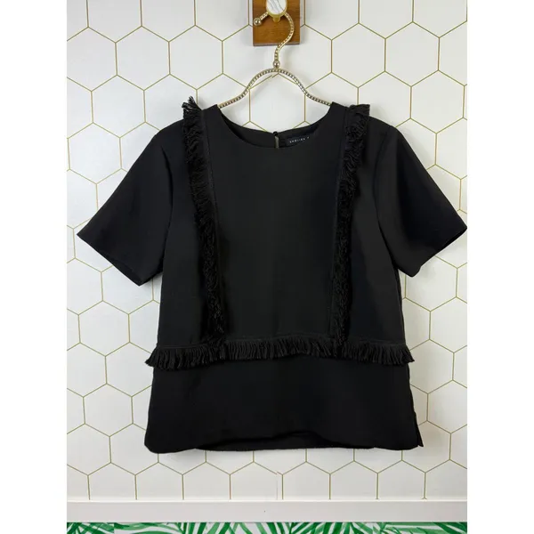 English Factory Fringe Black Shirt Short Sleeve Blouse - Size - Small - Image 5