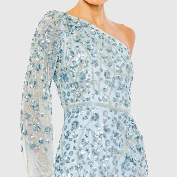 MAC DUGGAL Blue Embellished One Sleeve Faux Wrap Gown Dress 8 - Image 3