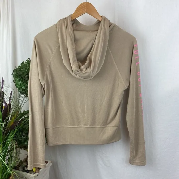 Mono B Tan Ribbed Full Out Barre Print Long sleeve Hoodie Crop Top NEW L - Image 3