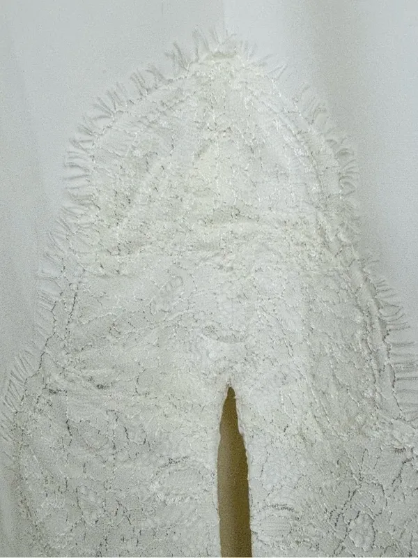 Fame and Partners white lace trim spaghetti strap slip cut gown front slit 8 - Image 5