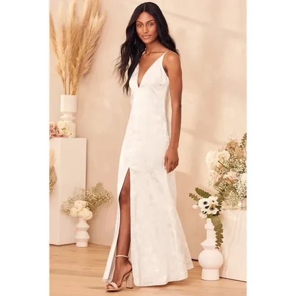 Lulus Promise My Passion White Satin Jacquard Maxi Dress V Neck Floral M - Image 4