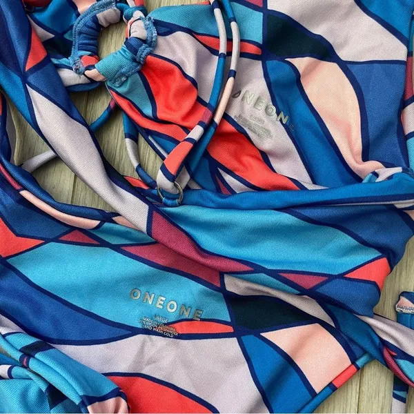 OneOne Swimwear Bikini tie front top cheeky high rise womens Blue large colorful - Image 3