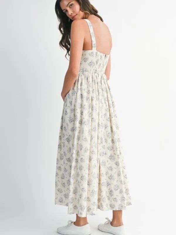 Floral Print Square Neck Contrast Pipinig Dress - Image 5