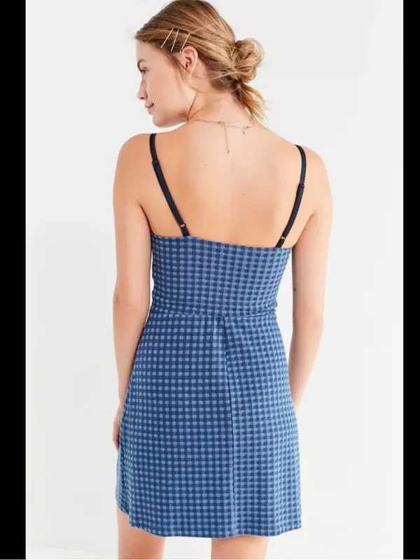 Urban Outfitters Cher Straight Neck Blue Checkered Patterned Mini Dress Size XS - Image 2