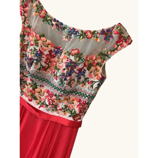 Sherri Hill Red Floral Embroidered Beaded Chiffon A-Line‎ Evening Gown Dress 10 - Image 7