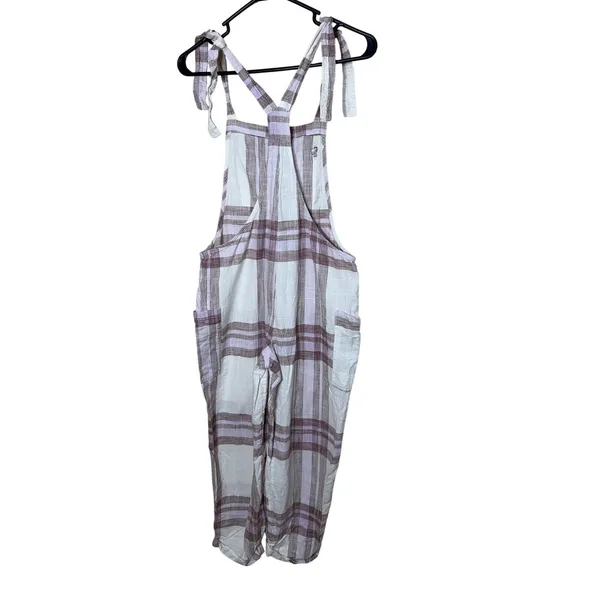 Aerie Womens Plaid Tie Shoulder Bib Overalls Purple White Size Small Relaxed - Image 5