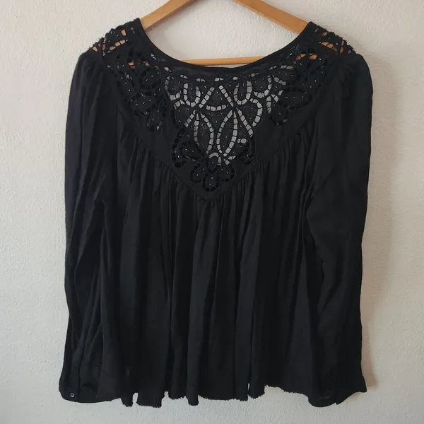 Free People 'Doin' It Right' Button Front Blouse Black Boho Flowy Lace $128 Sz S - Image 4