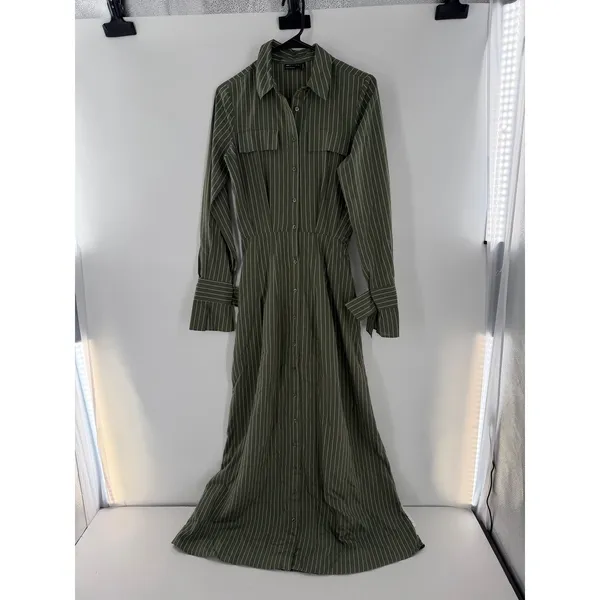 ASOS Shirt Dress Olive Green Pinstripe Maxi SZ 0 Safari Scandi Utility Military - Image 2