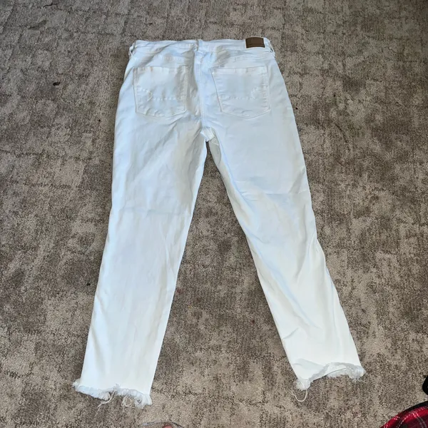 American Eagle White Distressed High-Waisted Jeans with Frayed Hem size 14 - Image 2