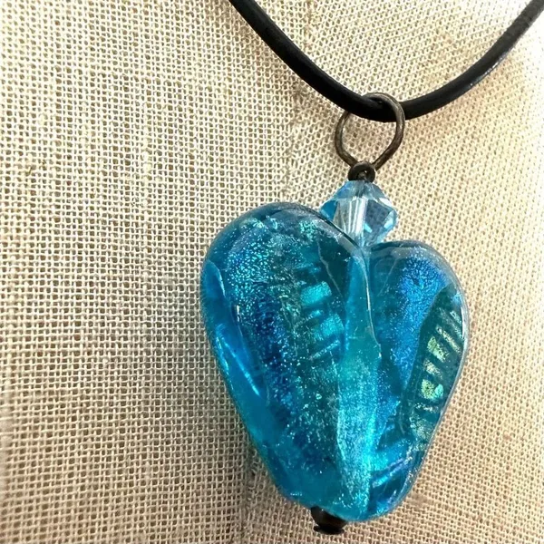 Blue glass heart pendant necklace sterling silver clasp on cord - Image 4