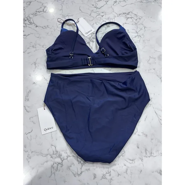 NWT Quince Deep Navy Blue Italian V Neck Top High Rise Bottom Bikini Set Medium - Image 2