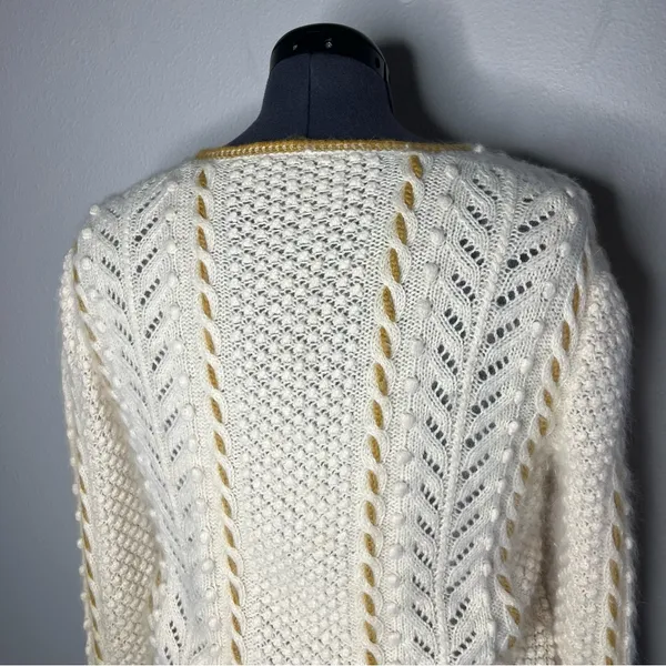 Hand Knit Cream Cable Knit Textured Cinched Waist Button Front Cardigan - Image 8