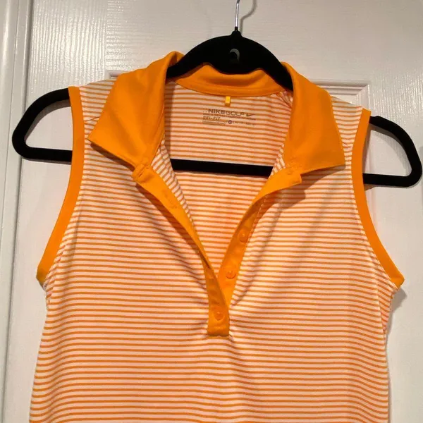 Nike Dri Fit Gold Size XS Sleeveless V Neck Collared Athletic Top Orange Stripes - Image 4