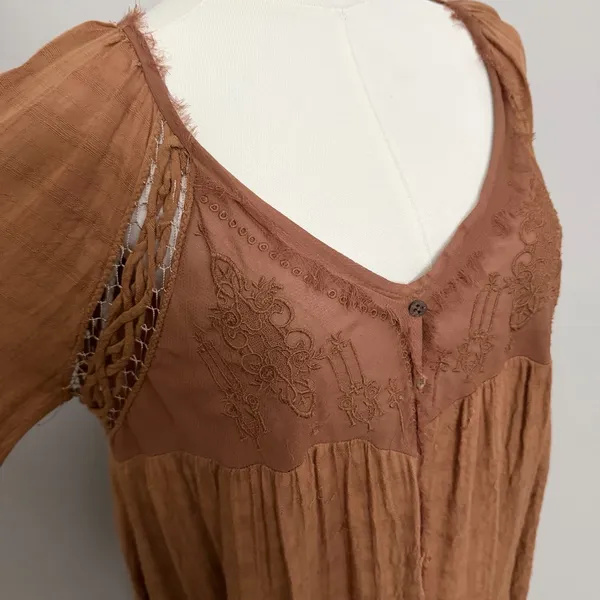 Free People Top Babydoll Embroidered Floral Braided Boho Festival Peasant Rust - Image 4