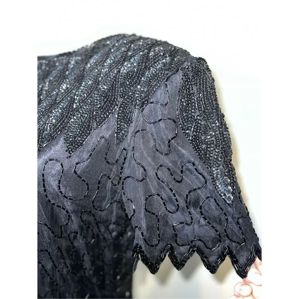 100% Silk Vintage Women’s Black Beaded Open Back MIDI Dress LARGE - Image 13