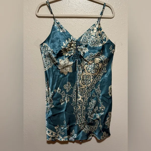 Zara Teal Satin Paisley Ruched Mini Dress Large Adjustable Straps - Image 2