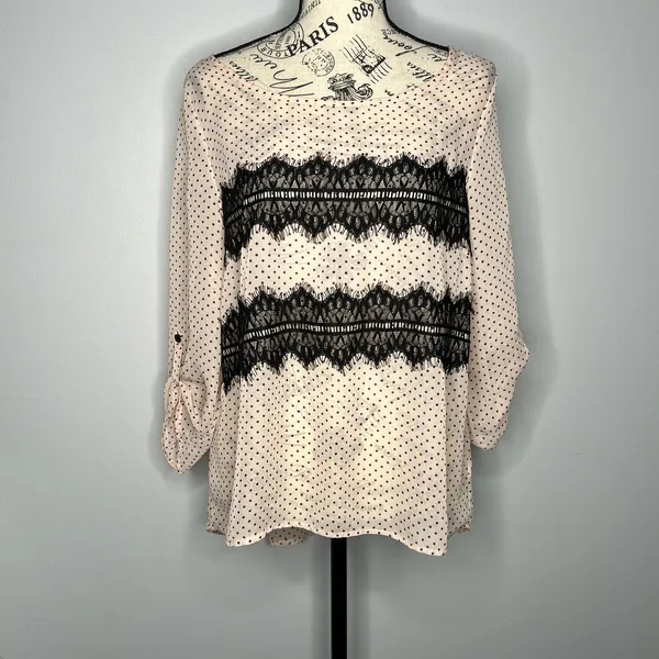 Maurices (M) Peach Polka Dot Lace Fringe Detail Roll Tab Semi-Sheer Blouse - Image 7