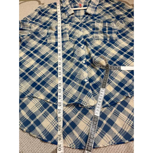 Free People Blue Cream Plaid Sheer Chiffon High Low Blouse Shirt Size Small - Image 10