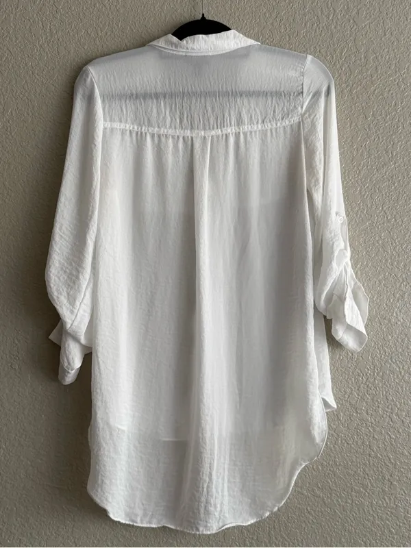 a.n.a White Button Down High Low Roll Tab Sleeve Utility Blouse Shirt Small - Image 8