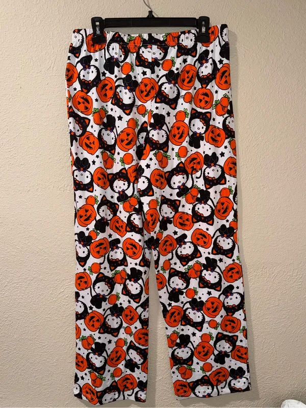 Hello Kitty Halloween Pumpkin Print Pajama Pants - Orange & White - Image 2