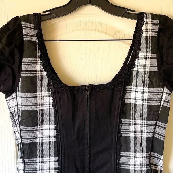 Tripp NYC Plaid Lace-Up Corset Top Cotton‎ Black White Gothic Punk XL EUC - Image 6