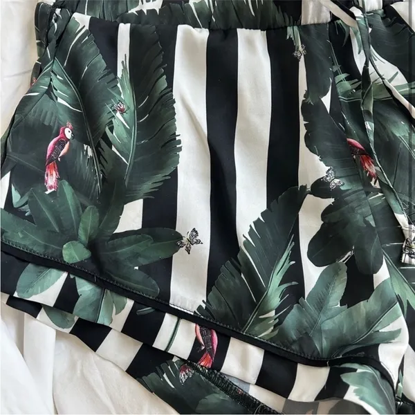 Revolve Plush Tropical Black White Striped Shirt and Short Sleep Set Leaf Print - Image 9