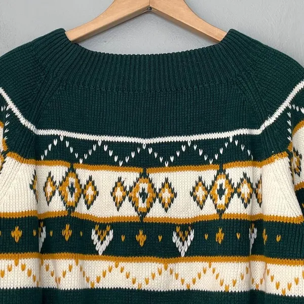 Vintage JCPenney Size XL Green Yellow Sweater Diamond Fair Isle Nordic 70s Retro - Image 3