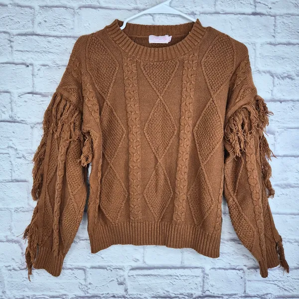 Pink Lily Fringe Sleeve Cable Knit Sweater Brown M Western Boho Fall Cowgirl Top - Image 3