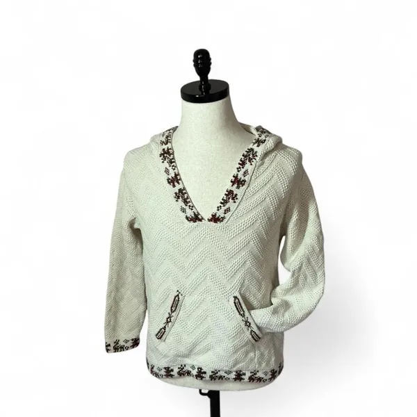 Nordic Fair Isle Reindeer Knit Hoodie Women Medium Cream Chevron Boho - Image 2