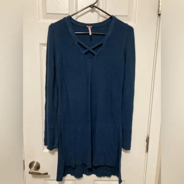 *Free People Teal Green Crisscross V-Neck Knit Medium Tunic Sweater #QB - Image 2