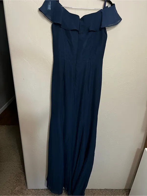 NWT JJs House Navy Blue Chiffon Off Shoulder Ruffle Front Slit Formal Maxi Dress - Image 7