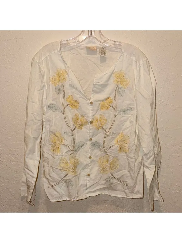 Yellow Floral Linen Blend Blouse cottagecore beach coastal boho embroidered - Image 2