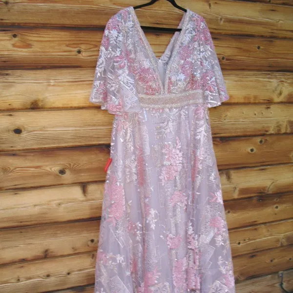 Mac Duggal Size 18 Pink Embroidered Floral V Neck Maxi Dress Gown - Image 7