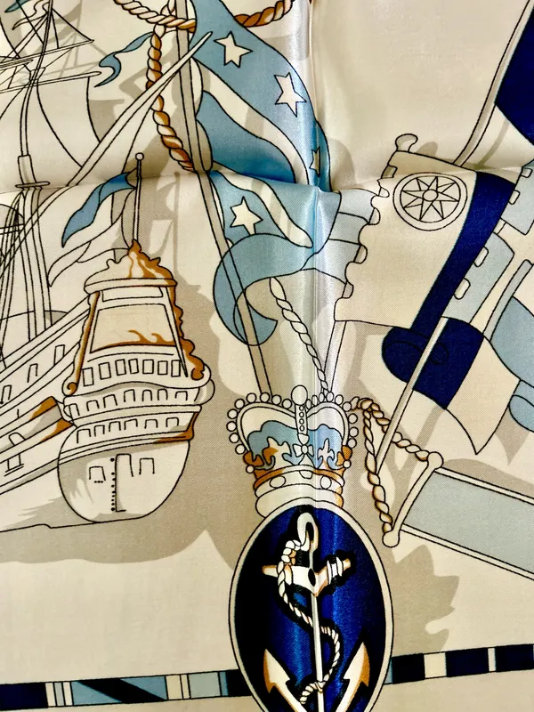Vintage Square Sailing BOAT,WHEEL&Anchor 35/35 Oversized satin Silky SCARF - Image 9