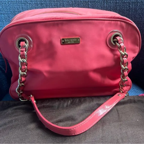 Kate Spade Vintage Jasmine Nylon Satchel Bag Orange Double Gold Chain Purse - Image 3