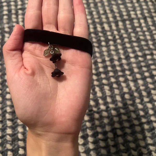 Black velvet choker with silver chain and dark purple flower charms #goth #alternative Never used and new! Bought from Hot Topic - Image 3