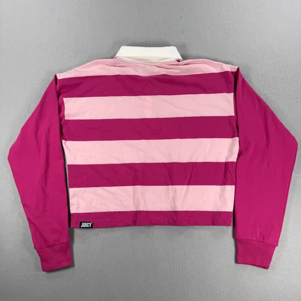 Y2k Juicy by Juicy Couture Pink Striped Long Sleeve Cropped Rugby Polo Small - Image 2