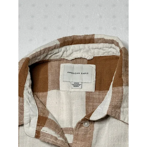 American Eagle Brown White Plaid Button Up Flannel Shirt Size Medium 100% Cotton - Image 2