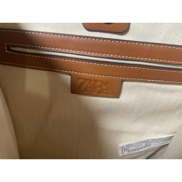 Zara Tote Bag Women Large White Brown Canvas Faux Leather Trim Minimalist Chic - Image 4
