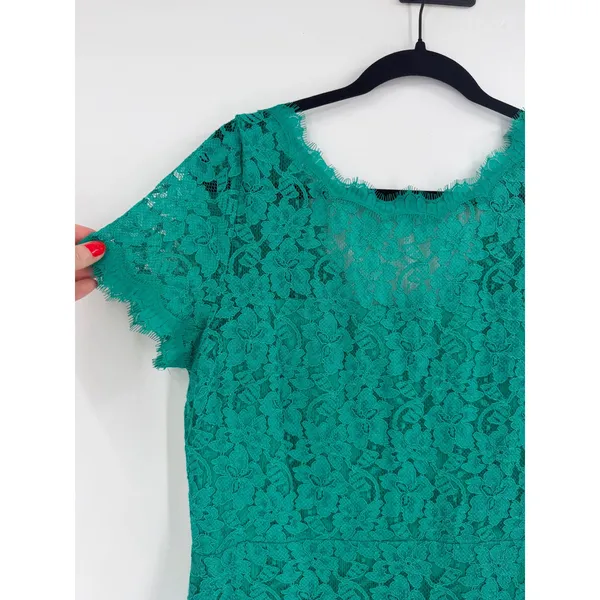 Diane von Furstenberg Fifi Dress‎ Womens Size 14 Green Lace V-Back Mini Cocktail - Image 4