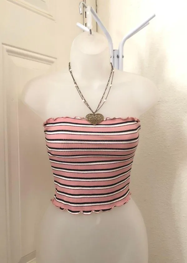 Y2K pink striped tube crop top shirt blouse Sz M Measurement in pics Necklace not included - Image 3
