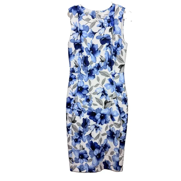 Calvin Klein Blue Floral Stretch Scuba Sleeveless Sheath Dress Office Wedding 6 - Image 3
