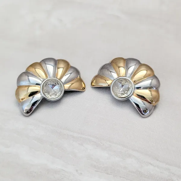 Vintage Clip On Earrings Extra Large Silver/Gold Tone Fan Shape - Loose Clips - Image 2
