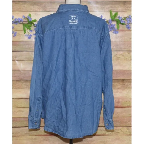 Harrah's Casino Blue Denim Button Up Shirt Top Size XL Cotton Embroidered Logo - Image 6
