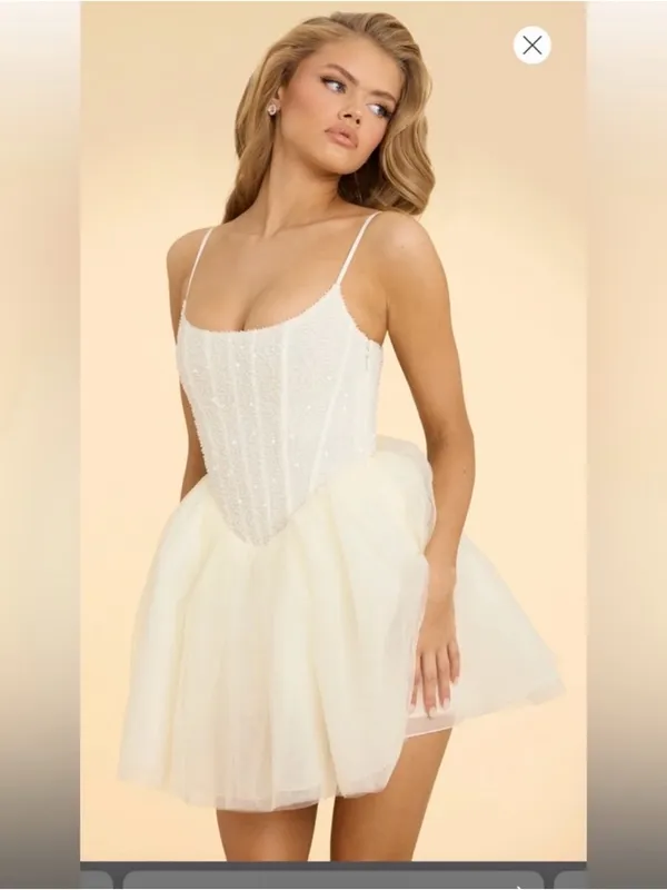 Oh Polly White Corset Ivory Beaded Tulle Spaghetti-Strap Dress - Image 3